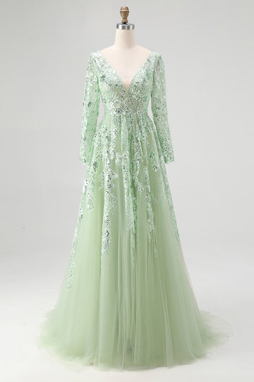 Sparkly Dusty Sage Sequin A-Line Prom Dress with Long Sleeves